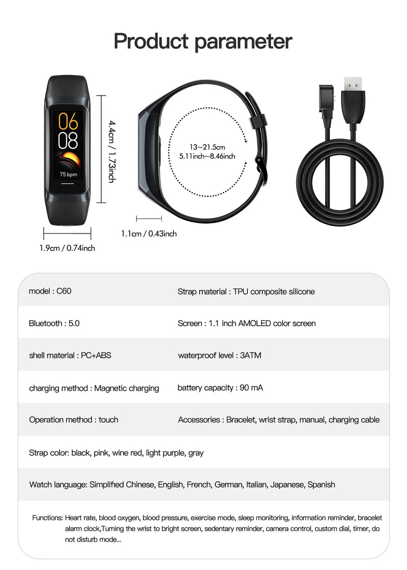 1.1 Inch Amoled Smart Watch Smartwatch Band Women Heart Rate Monitoring Waterproof Men Smart Bracelet Sport Fitness Tracker
