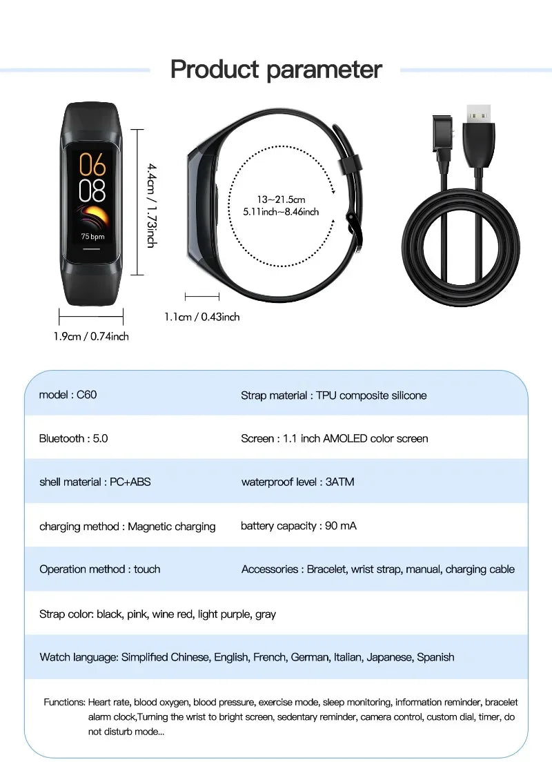 1.1 Inch Amoled Smart Watch Smartwatch Band Women Heart Rate Monitoring Waterproof Men Smart Bracelet Sport Fitness Tracker